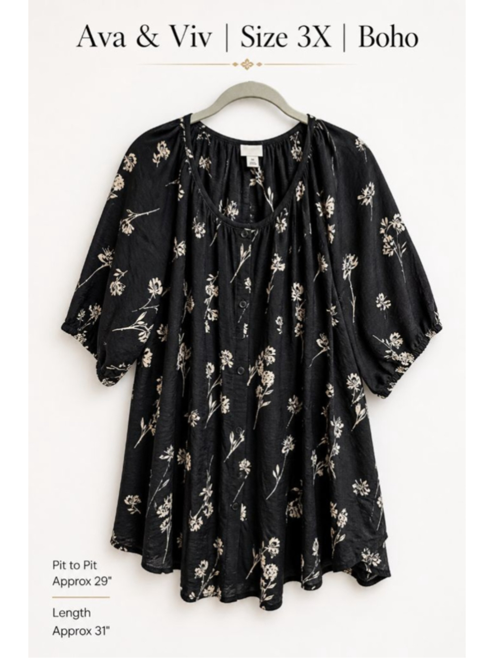 Ava & Viv Black Floral Boho Blouse